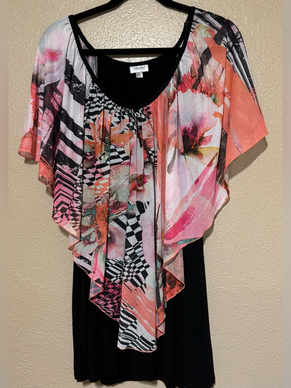 Blouse, black sleeveless scoop neck with colorful overlay EUC